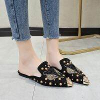 Women Slippers Fashion String-bead Pointed Rhinestone Rivet Flat Women Shoes Slip-On Mules Loafer Sandals Slides Ladies Shoes