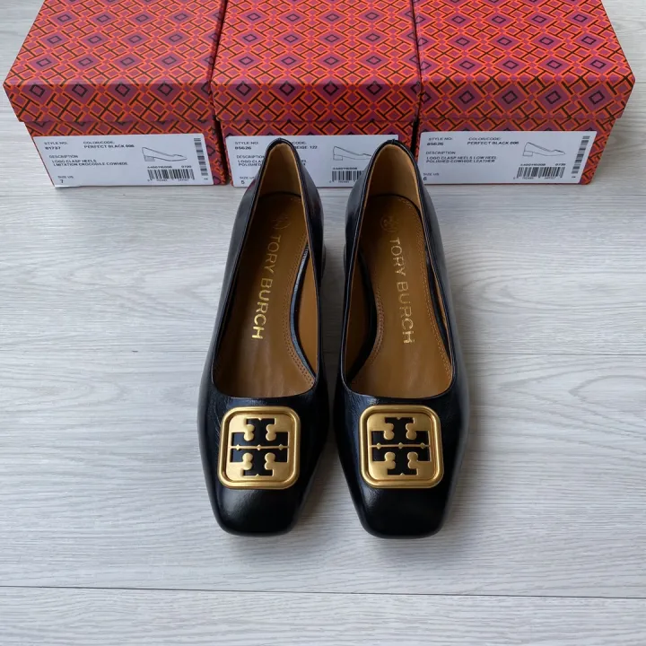 Tory burch TB double T logo cow leather thick heel high heels women's ...