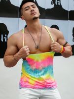 original Mr. Hui Summer Vest Mens Contrasting Color Tie-Dye Elastic Silky Sleeveless T-Shirt Mens Sports Leisure Fitness Slim
