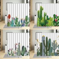 Green Cactus Shower Curtains Waterproof Polyester Fabric Bathroom Curtains Cartoons Tropical Plants Bathtub Screens Home Decor