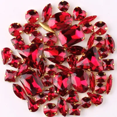 Gold claw setting 50pcs/bag shapes mix Dark red glass crystal sew on rhinestone wedding dress shoes bags diy trim