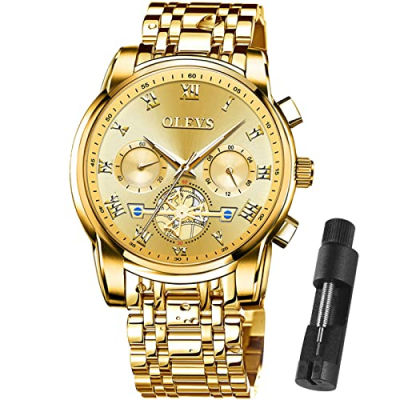 OLEVS Mens Watches Waterproof Stainless Steel Adjustable Bracelet Watch Quartz Analog Watch for Men Fashion Business Classic Menss Wrist watchs Casual Watches Gold/Blue/Black/White/Face/Dial Chronograph mens watch gold face