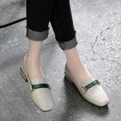♣✲✙ Dadongge genuine leather single shoes for women 2023 new womens shoes spring low heel flat bottom all-match thick heel square toe beanie shoes for women