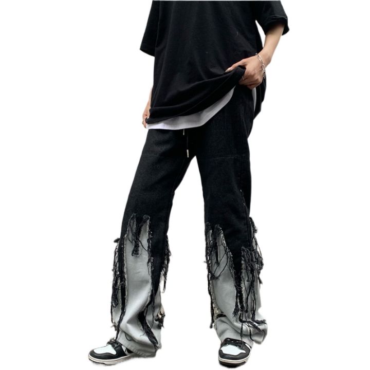 กางเกงยีนส์หลวมผู้ชายพู่ประดับสีดำสีเทาผสมสีกางเกงตรงขนาด-s-4xl