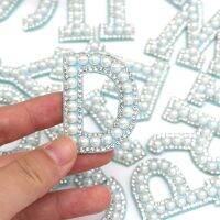 1Pcs Pearl Rhinestone Letter Patches Blue Base Alphabet Patch Applique Cloth Sticker Sew/Glue On Patch Badge For Jeans DIY Name Haberdashery