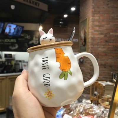 1PC Super Cute Bunny Mug with Cover Ladle Japanese Girl Heart Mug Cartoon Ceramic Water Mugs Office Breakfast Coffee Mugs