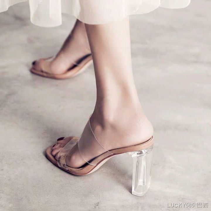 รองเท้าแตะใสผู้หญิง-2022-ฤดูร้อนใหม่ส้นหนาแฟชั่นส้นสูงคริสตัลใสทุกแบบ