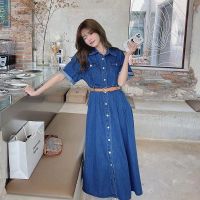 เสื้อผ้าแฟชั่นสำหรับสุภาพสตรี 2023 Hong Kong wind big yards womens summer wear cowboy dress show thin cover cover the belly belly dress new long sleeve skirt