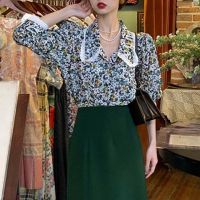 Spot parcel post R French Tea Break Dress Green Dress Two-Piece Suit Classic Style First Love High-End Floral Shirt Summer