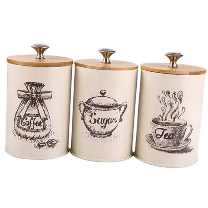 3Pcs Retro 1L Kitchen Storage Jars Tea Coffee Sugar Canister Tins With