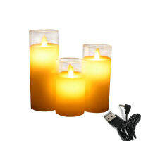 USB Rechargeable Flickering Dancing Wick Pillar Candle Paraffin Wax LED Glass Candle Set Wedding Festival Home Decoration-Amber