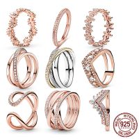 {BUSA Fashion Accessories} Cincin Rose Gold เงินสเตอร์ลิง925มงกุฎประดับคริสตัลรูปหัวใจสำหรับงานแต่งงานสุดหรูเครื่องประดับสำหรับสตรีอเนล