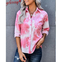 Fashion Tie Dye Long Sleeve Women Blouses 2021 New Elegant Work Wear Turn-down Collar Pocket Casual Tops Shirts Female Clothes