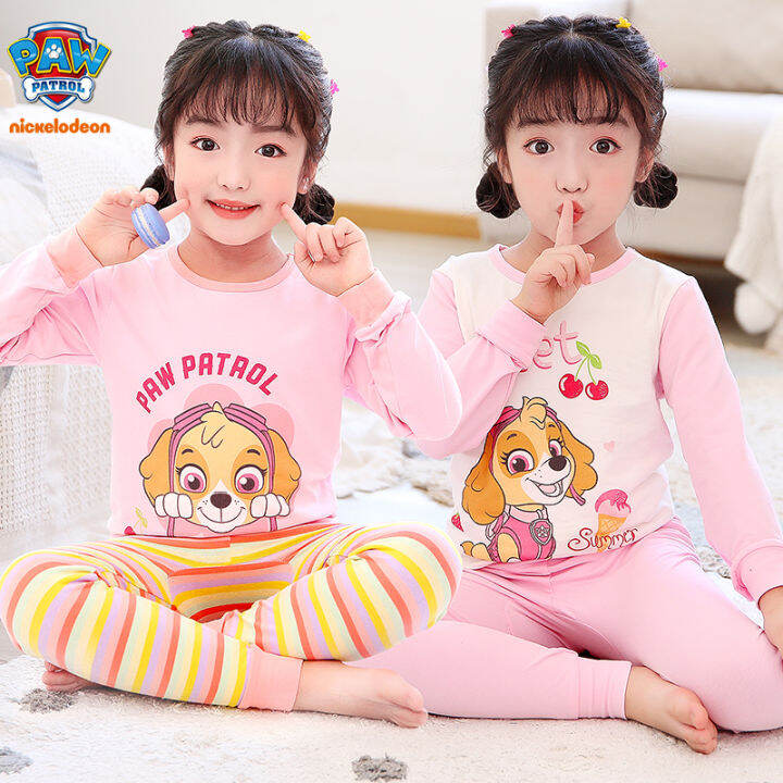 ชุดนอนสำหรับเด็กผู้หญิงเด็กเล็ก-nickelodeon-paw-patrol-snug-fit-ชุดนอนผ้าคอตตอนเสื้อเด็กวัยหัดเดินแขนยาวชุดนอน