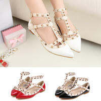 Studded Strappy สายรัดข้อเท้าสีแดง Faux หนัง Rivets ผู้หญิงสีขาวสีดำรองเท้าแฟชั่น Chic Flats ขนาด35-43