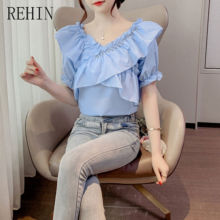 rehin-เสื้อผู้หญิงสไตล์ฝรั่งเศสสุดขอบใบบัวคอวีโชว์ไหปลาร้าไหล่ข้างเดียวพร้อมเสื้อเสื้อหรูหราไข่มุกแขนพอง