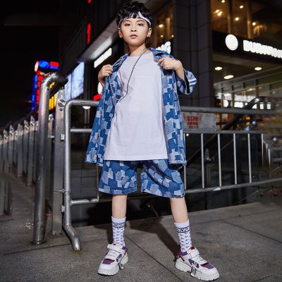 [COD] Hip-hop suit boys and children hip-hop summer short-sleeved plaid practice childrens hiphop clothes performance