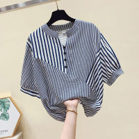 Irregular Striped Short Sleeve Blouse Women Loose Fashion Tops Stand Collar Korean Shirt