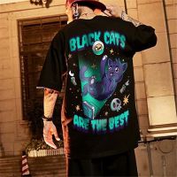 CODHaley Childe S-8XL Oversize Harajuku style personality hip-hop graffiti cat letter t-shirt short-sleeved men and women trendy brand Korean round neck loose wild five-point sleeve couple suit