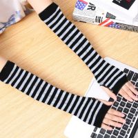 Women Winter Long Fingerless Gloves Arm Cover Striped Cotton Wrist Sleeves Arm Warmer Sleeve Knitted Gloves Female Girls Mitten