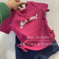 Korean childrens wear girls short sleeve T-shirt with western style cloth韩系童装女童短袖T恤装洋气修身上衣服儿童时髦抽绳圆领套头衫T818z