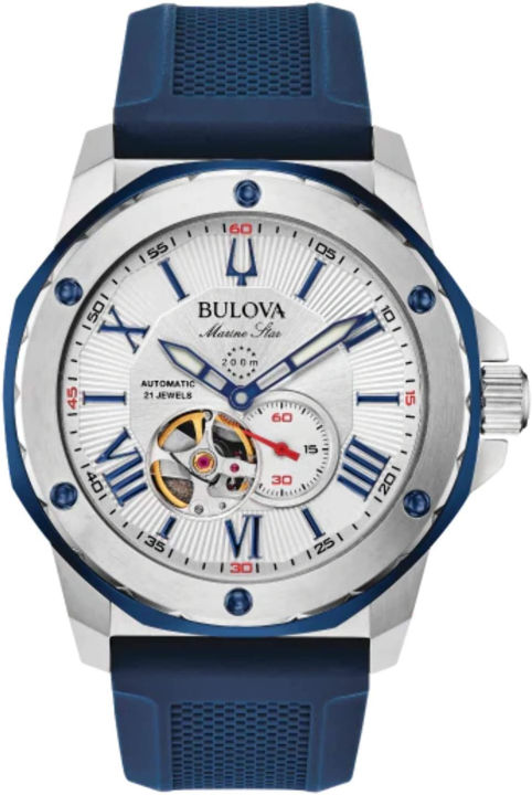 ‎Bulova Bulova Mens Marine Star Automatic Blue Silicone Strap Watch 98A225