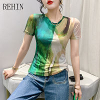 REHIN เสื้อยืดสตรีพิมพ์ลายตาข่ายคอกลม,เสื้อยืดแขนสั้นดีไซน์เฉพาะสำหรับฤดูร้อนแฟชั่นสไตล์เกาหลีแบบใหม่