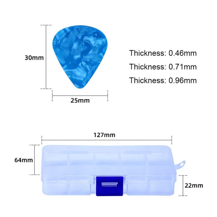ปิ๊กกีตาร์เซลลูโลสปิ๊กกีตาร์ปิ๊กกีตาร์ไฟฟ้าอะคูสติก100ชิ้นพร้อมกล่องหนา0-46-0-71-0-96มม