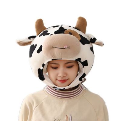 Funny Milk Cow Head Plush Hat Pillow Spot Print Cartoon Animal Stuffed Toy Headgear Cosplay Party Photo Props