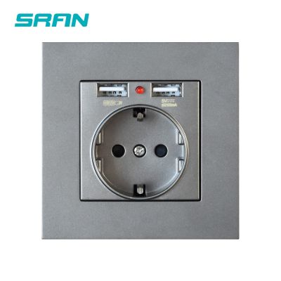 EU Power Socket Socket With Usb Charging Port 2.1A 16A Gray PC Panel 86mmx86mm Russia Spain Wall Socket SRAN