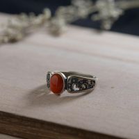 Rao Zhirou Hollow Pattern Vintage Thai Silver Ring 925 Silver Inlaid Southern Red Agate Ring Womens Open Ring