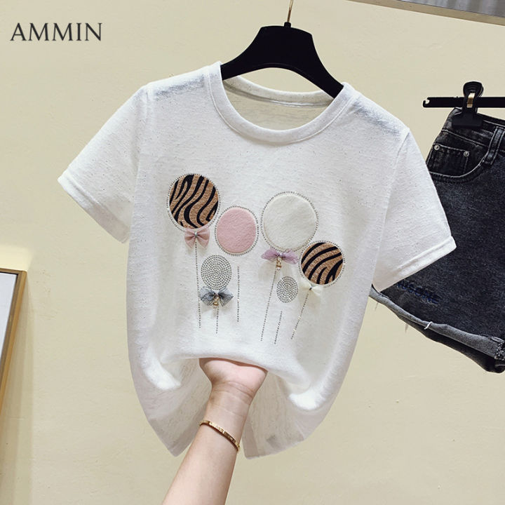 ammin-เสื้อยืดคอกลมแฟชั่นสไตล์เกาหลีสำหรับผู้หญิง-เสื้อแขนสั้นปักเพชรสว่างเสื้อยืดผ้าฝ้ายแบบยืดดูหรูหราใหม่สำหรับฤดูร้อนปี2022