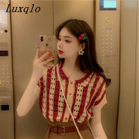 Luxqlo เสื้อผู้หญิงลายทางสไตล์เกาหลี,เสื้อฤดูร้อนที่กลวงออกแฟชั่นปกโปโลแขนสั้นเสื้อไหมพรมลำลอง