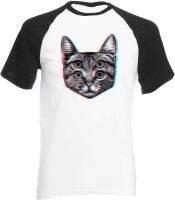 Reality Glitch 3D Cat Mens Short Sleeve Baseball T-Shirt