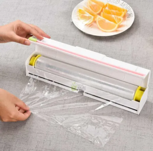 Plastic Food Wrap Dispenser with Slide Cutter Adjustable Cling Film Cutter  Preservation Foil Storage Box with Suction Bottom