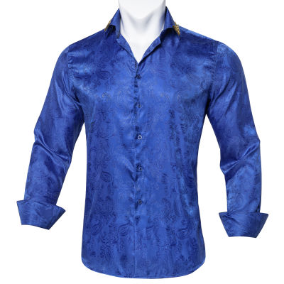 เสื้อแฟชั่นสำหรับชายผ้าไหมเสื้อแขนยาวฤดูร้อนฤดูใบไม้ผลิ Paisley Navy Blue Casual Turn-Down Collar เสื้อชาย Designer Tops