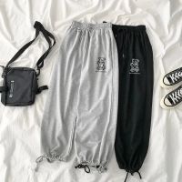 Zoki Harajuku Bear Print Gray Sweatpants Women Oversized Loose Black Jogging Pants Korean Fashion High Waist Wide Leg Trousers