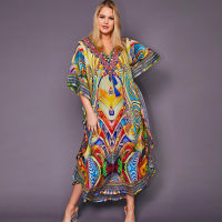 TEELYNN Vintage Ethnic Floral Print Swim Bikini Cover Up For Women Beach Wear Boho Oversize Summer Long Dresses 2020 Maxi Robe