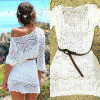 hang qiao shop  Fashion Womens White Summer Boho Lace Hollow Knit Bikini Swimwear Cover Up Crochet Beach Mini Dress Tops Blouse