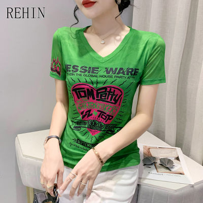 REHIN ของผู้หญิงด้านบนใหม่ฤดูร้อนที่ไม่ซ้ำกันแบบพิมพ์คอวีตาข่ายแขนสั้นเสื้อยืดแฟชั่นเวอร์ชั่นเกาหลีบาง S-3XL เสื้อที่สง่างาม