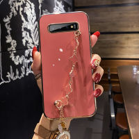 COROGI เคสสำหรับ Samsung Galaxy S10/S10พลัส/S10ไลท์พร้อมสายรัดข้อมือลายดอกโคลเวอร์นำโชคสร้อยข้อมือเคสมือถือชุบ6D สุดหรูขอบสี่เหลี่ยมกรอบด้านหลังป้องกันซิลิโคนแบบนิ่ม