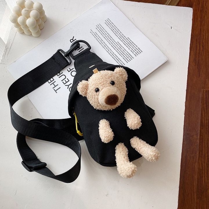 กระเป๋าคาดอกหมีตุ๊กตา-ผ้าแคนวาส-วัสดุทนทาน-ตุ๊กตาหมีติดกระเป๋า-b17