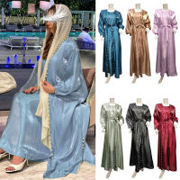 2ชิ้นชุดซาตินเงาเปิด Abaya ลูกปัด Cardigan Maxi ชุดดูไบตุรกีผู้หญิงมุสลิม Kaftan Eid Ramadan Kimono Jalabiya Robe