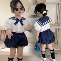 Summer Girls Clothing Sets Primary School Student Uniform Lapel Short-Sleeved Shirt +Bloomers Baby Kids ChildrenS Clothes Suit