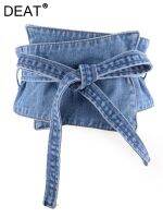 ❀  DEAT Denim Wide Mid Waist Bicyclic Patchwork Up Color Bow Removable Waistband 2023 New Fashion