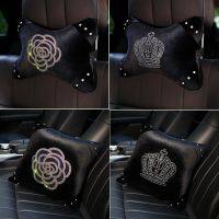 Bling Camellia Flower Rhinestone Car Neck Pillow Winter Plush Diamond Auto Seat Headrest Waist Support Cover Car Accessories