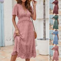 COD DSFGRDGHHHHH Womens Summer Ruffle Trim Dress Casual High Waist Sexy Deep V Chiffon Skirt Woman Beach Cover-up Short Sleeve S-XL Swing Sundress Printed Patterns