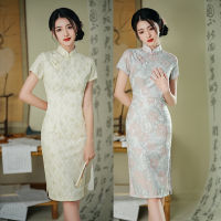 ฤดูร้อนแขนสั้นยาวถึงเข่า Cheongsam โอเรียนเต็ลชุดจีนผู้หญิงคอจีนปั๊มร้อนพิมพ์ซาติน Qipao