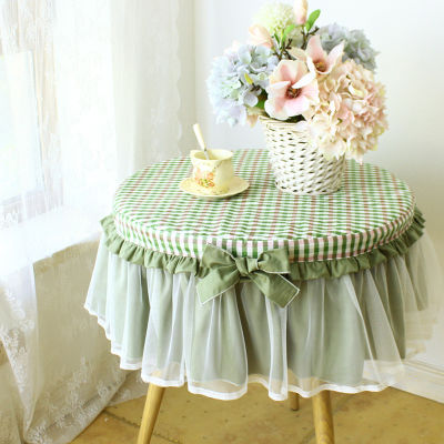 Round Tablecloth Washed Cotton Lace Lattice Cloth Bedside Table Household Cover Dinner Desk Plaid Yarn Plaid Table Bow Shirt