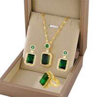 【lz】∋  Conjunto de brincos e colar de zircão vintage aço inoxidável microset verde grande pulseira de casamento Boho 316L